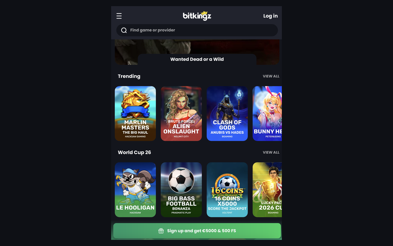 Bitkingz mobil im Browser Mobile Browser-Version von Bitkingz Casino mit Trending-Slots und WM-2026-Reihe