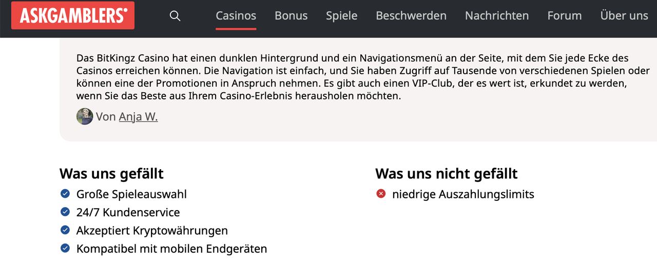 AskGamblers Redaktionsmeinung zu Bitkingz Redaktionelle Bewertung von Bitkingz bei AskGamblers mit Pluspunkten und Kritik an niedrigen Auszahlungslimits