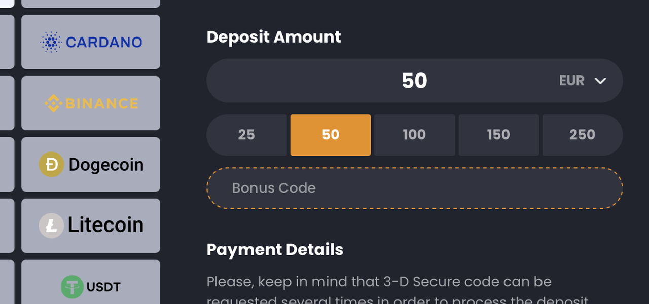 Bitkingz Promo Code im Einzahlungsfenster Einzahlungsfenster von Bitkingz mit Bonus-Code-Feld und Zahlungsmethoden